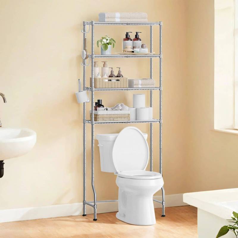 4-stöckiges Toilettenregal mit Ablagen Haken taubengrau von SONGMICS