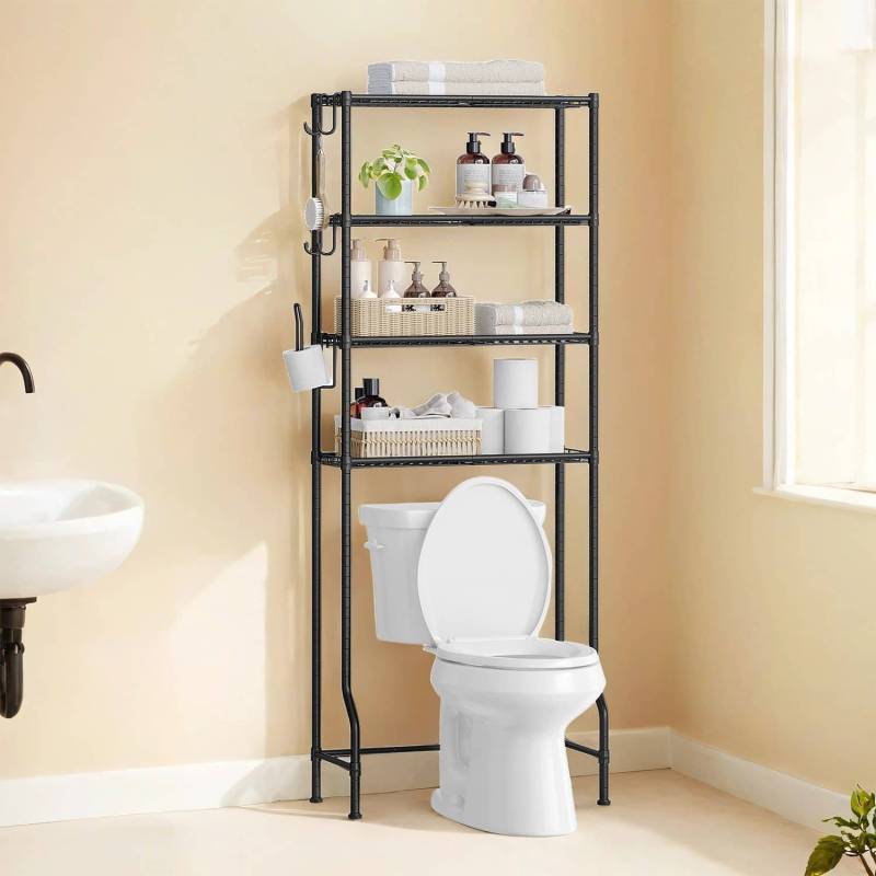4-stöckiges Toilettenregal mit Haken platzsparend schwarz von SONGMICS