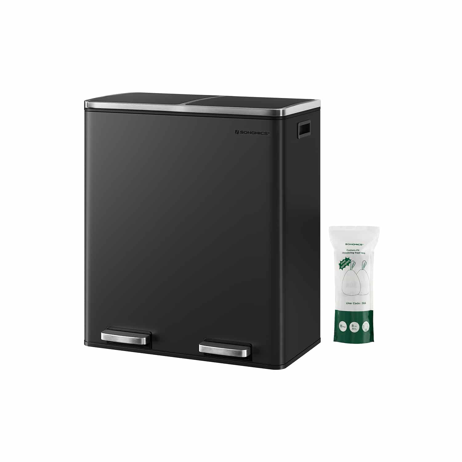 Mülleimer Küche 60 L – 2 Fächer, Schwarz von SONGMICS