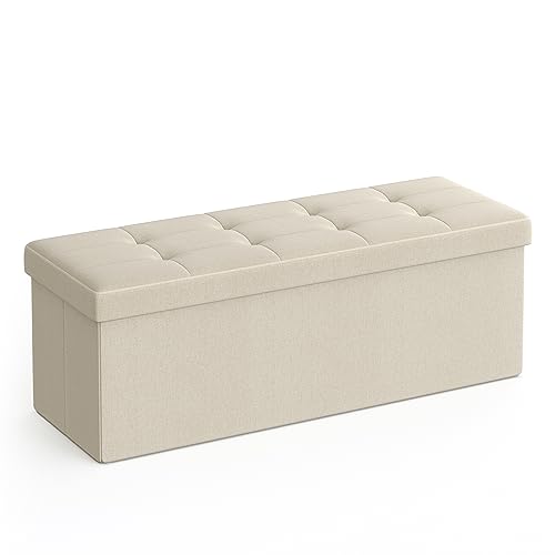 SONGMICS 110 cm Sitzbank mit Stauraum, klappbare Sitztruhe, Aufbewahrungsbox, Fußbank, beige LSF77BE von SONGMICS