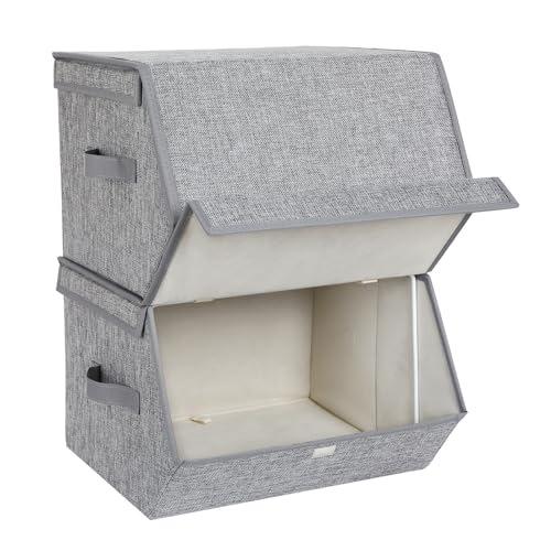 SONGMICS Aufbewahrungsbox, 2er Set, Faltbox, stapelbare Stoffbox, mit magnetischem Klappdeckel, Metallrahmen, 38 x 26,5/35 x 25, grau-beige RLB02GY von SONGMICS