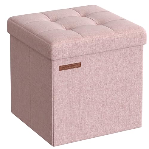 SONGMICS Sitzhocker mit Stauraum, kleine klappbare Sitzbank, 30 x 30 cm Fußbank, Aufbewahrungsbox, bis 130 kg belastbar, für Wohnzimmer Schlafzimmer Schlafsaal, pastellrosa LSF028R01 von SONGMICS