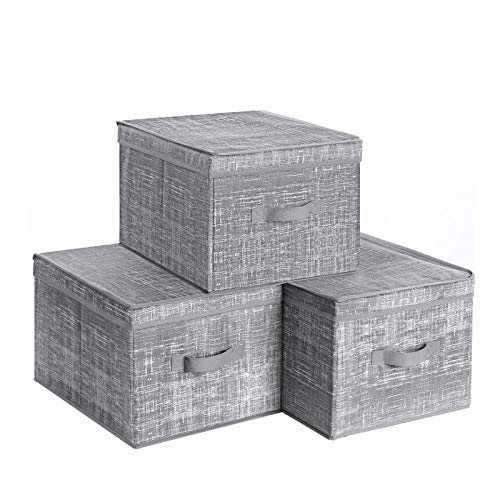 SONGMICS 3er Set Aufbewahrungsbox mit Deckel, Faltboxen aus Stoff mit Etikettenhalter, Stoffbox, Würfel, 30 x 40 x 25 cm, grau meliert RYFB03LG von SONGMICS