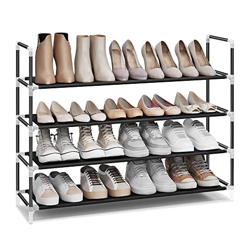 SONGMICS Schuhregal mit 4 Ebenen, Standregal, Schuhaufbewahrung, platzsparend, Metallrahmen, Vliesstoff, für Wohnzimmer, Eingang, Flur und Garderobe, schwarz LSH054B01 von SONGMICS