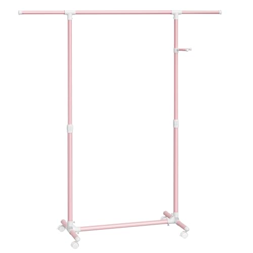 SONGMICS Kleiderständer auf Rollen, Kleiderstange, höhenverstellbar zwischen 97 und 165 cm, ausziehbare Garderobenstange, Garderobenständer, seitliche Haken für Accessoires, pastellrosa LLR001R02 von SONGMICS