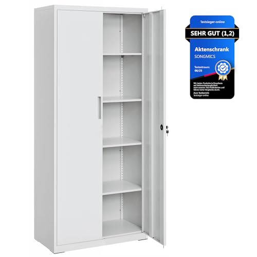 SONGMICS Aktenschrank, Mehrzweckschrank, Stahl-Aufbewahrungsschrank, 5 Ebenen, Doppeltüren, Schloss, Werkzeugschrank, verstellbare Ablagen, Garage, Büro, Wohnzimmer, grau OMC015G01 von SONGMICS