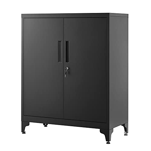 SONGMICS Aktenschrank, Mehrzweckschrank, Büroschrank mit 2 Türen, Schrank abschließbar, Aufbewahrungsschrank aus Stahl, für Arbeitszimmer, Wohnzimmer, Mattschwarz OMC013B01 von SONGMICS