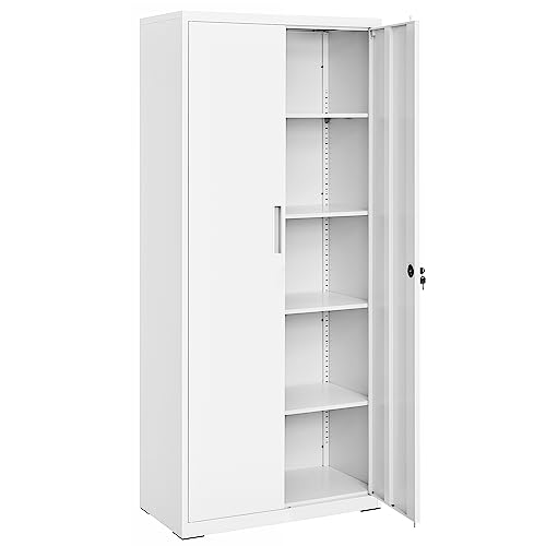 SONGMICS Aktenschrank, Mehrzweckschrank, Stahl-Aufbewahrungsschrank, 5 Ebenen, Doppeltüren, Schloss, Werkzeugschrank, verstellbare Ablagen, Garage, Büro, Wohnzimmer, weiß OMC015W01 von SONGMICS