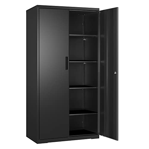 SONGMICS Aktenschrank, Mehrzweckschrank, Stahl-Aufbewahrungsschrank, 5 Ebenen, Doppeltüren, Schloss, Werkzeugschrank, verstellbare Ablagen, Garage, Büro, Wohnzimmer, schwarz OMC015B01 von SONGMICS