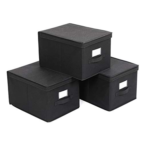 SONGMICS Aufbewahrungsbox, 3er Set, Faltbox mit Deckel, Boxen Aufbewahrung, Stoffbox mit Etikettenhalter, Aufbewahrungskorb, Spielzeug-Organizer, 40 x 30 x 25 cm, schwarz RFB03H von SONGMICS