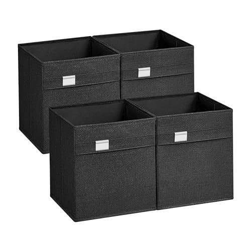 SONGMICS Aufbewahrungsbox, 4er Set, Waschbar Ordnungsboxen, 26 x 26 x 28 cm, 2 Griffe, faltbar, Oxford-Gewebe, Leinenimitat, pflegeleicht, Metall-Etikettenhalter, für Würfelregal, tintenschwarz von SONGMICS