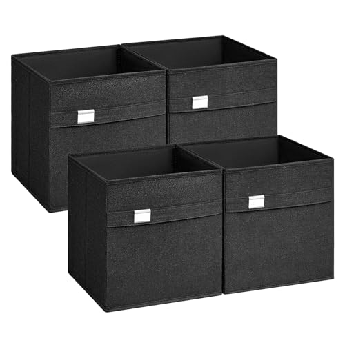 SONGMICS Aufbewahrungsbox, 4er Set, Waschbar Ordnungsboxen, 30 x 30 x 30 cm, 2 Griffe, faltbar, Oxford-Gewebe, Leinenimitat, pflegeleicht, Metall-Etikettenhalter, für Würfelregal, tintenschwarz von SONGMICS