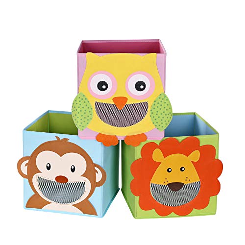 SONGMICS Aufbewahrungsbox Kinder, 3er Set, Spielzeugkisten, Faltboxen, fÜrs Kinderzimmer, Babyzimmer, 27 x 27 x 27 cm, Tiermotive, bunt RFB01KU von SONGMICS