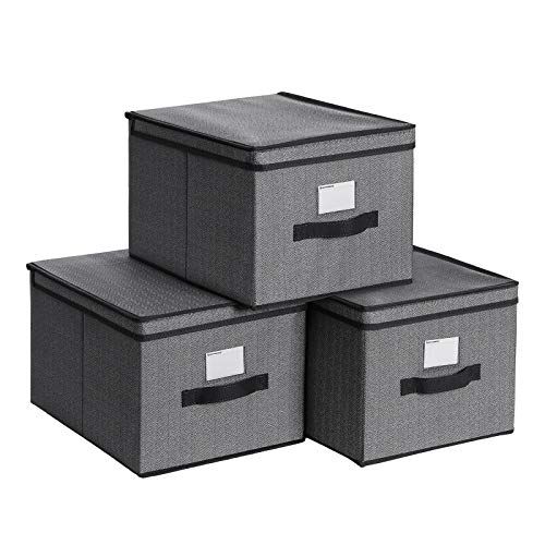 SONGMICS Aufbewahrungsboxen, 3er Set, Faltboxen, Stoffboxen mit Deckel und Etikettenhalter, 40 x 30 x 25 cm, faltbar, Vliesstoff in Leinenoptik, schwarz von SONGMICS