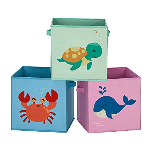 SONGMICS Aufbewahrungsboxen, 3er Set, Faltboxen, Stoffboxen mit Griffen, Spielzeug-Organizer, 30 x 30 x 30 cm, für Kinderzimmer, Spielzimmer, Meer-Motive, blau, grün und rosa RFB701Y03 von SONGMICS