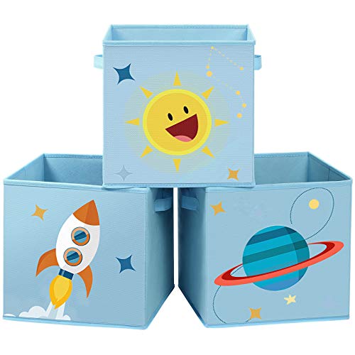 SONGMICS Aufbewahrungsbox, 3er Set, Spielzeug-Organizer, 30 x 30 x 30 cm, Faltbox, Stoffbox mit Griffen, für Kinderzimmer, Spielzimmer, mit Weltall-Motiven, blau RFB001B03 von SONGMICS