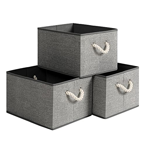 SONGMICS Aufbewahrungsboxen, 3er Set, Stoffboxen ohne Deckel, mit Griffen, 40 x 30 x 25 cm, Leinenoptik, grau RFB013G01 von SONGMICS