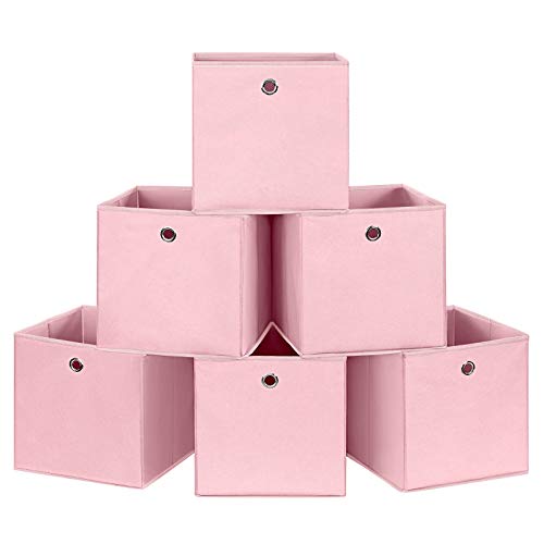SONGMICS Aufbewahrungsboxen, 6er Set, Faltbare Stoffboxen, Faltboxen aus Vliesstoff, Würfel, Aufbewahrungskörbe, für Spielzeug und Kleidung, rosa RFB02PK-3 von SONGMICS