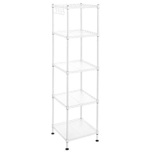 SONGMICS Badezimmerregal, Standregal, Metallregal, bis 100 kg belastbar, mit 5 PP-Platten, abnehmbare Haken, 30 x 30 x 123,5 cm, erweiterbar, für kleine Räume, weiß-transparent LGR023W01 von SONGMICS