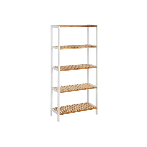 SONGMICS Badezimmer-Regal mit 5 Ebenen, Küchenständer aus Bambus, 9 verstellbare Höhen, multifunktionaler Ständer für Wohnzimmer, Flur, 60 x 26 x 130 cm, Weiß und Holzfarben BCB35WN von SONGMICS