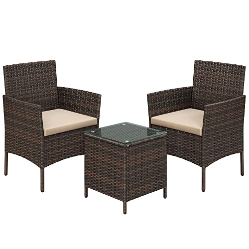 SONGMICS Balkonmöbel, Gartenmöbel-Set, aus PE-Polyrattan, Lounge-Set, Tisch und 2 Stühle, Terrassenmöbel, Outdoor, für Terrasse, Balkon, Garten, braun-Taupe GGF003K01 von SONGMICS