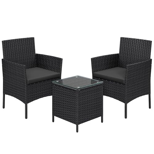 SONGMICS Balkonmöbel, Gartenmöbel-Set, aus PE-Polyrattan, Lounge-Set, Tisch und 2 Stühle, Terrassenmöbel, Outdoor, für Terrasse, Balkon, Garten, schwarz-grau GGF003B02 von SONGMICS