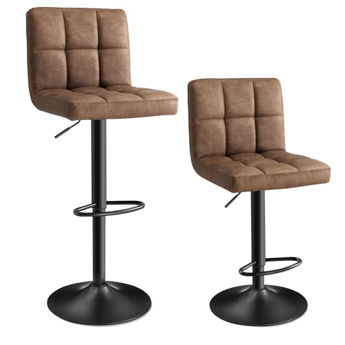 SONGMICS Barhocker 2er Set, höhenverstellbare Barstühle mit PU-Bezug, 360° Drehstuhl, Küchenstühle mit Rückenlehne und Fußstütze, Esszimmer, Tresen, Stahl, walnussbraun LJB064K02 von SONGMICS