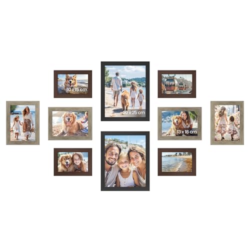 SONGMICS Bilderrahmen 10er Set, für 2 Fotos in 20 x 25 cm, 4 Fotos in 13 x 18 cm, 4 Fotos in 10 x 15 cm, Kunststoffscheibe, MDF, rotbraun, greige meliert, aschschwarz RPF310K03 von SONGMICS
