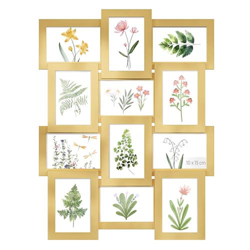 SONGMICS Bilderrahmen-Collage, 12 Fotorahmen für 10 x 15 cm Bilder, Fotocollage, Wandcollage, Multi-Rahmen, Wanddeko, helles Gold RPF026A01 von SONGMICS