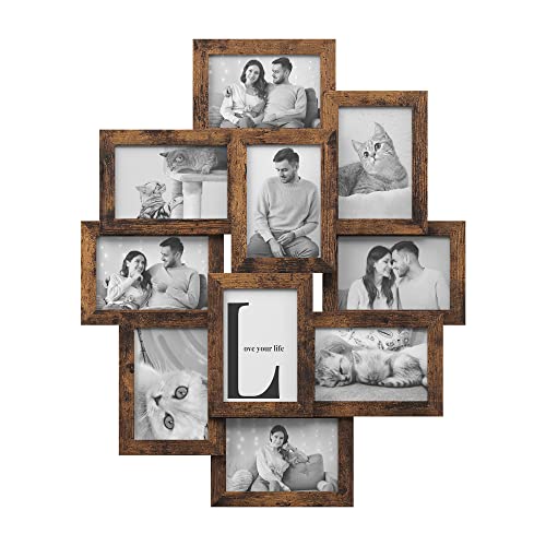 SONGMICS Bilderrahmen-Collage, Fotorahmen Familie, für 10 Fotos je 10 x 15 cm (4 x 6 Zoll), aus MDF-Platten, Montage erforderlich, vintagebraun RPF020X01 von SONGMICS