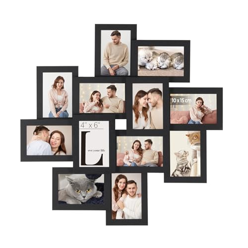 SONGMICS Bilderrahmen für 10 x 15 cm Bilder, Collage für 12 Fotos, transparenter Glasschutz, zum Zusammenbauen, Schwarz RPF22BK von SONGMICS
