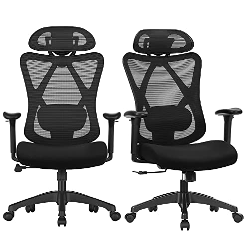 SONGMICS Bürostuhl, 2er Set, ergonomischer Schreibtischstuhl, Computerstuhl, Netzstuhl, verstellbare Lendenstütze und Kopfstütze, bis 150 kg belastbar, höhenverstellbar, schwarz OBN063B01-2 von SONGMICS