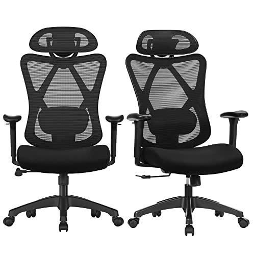 SONGMICS Bürostuhl ergonomisch, 2er Set, Schreibtischstuhl, Computerstuhl, Netzstuhl, verstellbares Lenden- und Kopfkissen, bis 150 kg belastbar, höhenverstellbar, tintenschwarz OBN063B01-2 von SONGMICS
