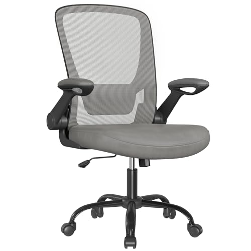 SONGMICS Bürostuhl, Schreibtischstuhl, Drehstuhl mit Netzbespannung, ergonomisch, gepolsterte Lendenstütze, Wippfunktion, 53 cm große Sitzfläche, klappbare Armlehnen, Taubengrau OBN037G01 von SONGMICS