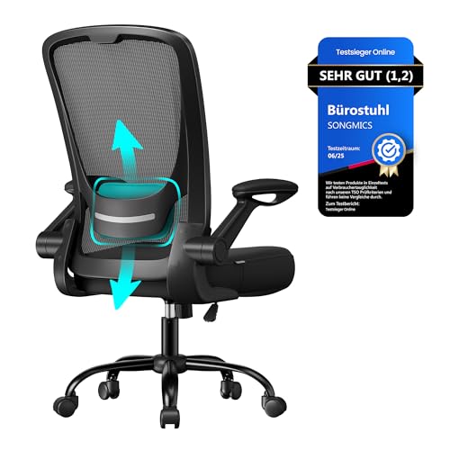 SONGMICS Bürostuhl, Schreibtischstuhl, Drehstuhl mit Netzbespannung, ergonomisch, gepolsterte Lendenstütze, Wippfunktion, 53 cm große Sitzfläche, klappbare Armlehnen, schwarz OBN37BK von SONGMICS