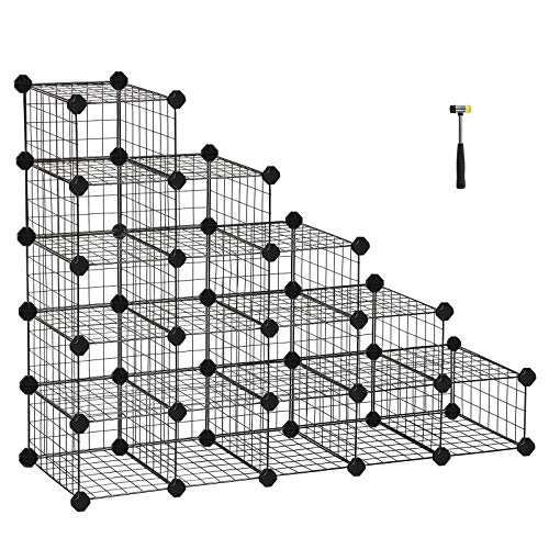 SONGMICS DIY Schuhregal, 15 Würfel Metalldraht Aufbewahrungssystem, modularer Steckregal, ineinandergreifender Schuhorganizer, inkl. Gummihammer und Kippschutz, Schwarz LPI44HS von SONGMICS