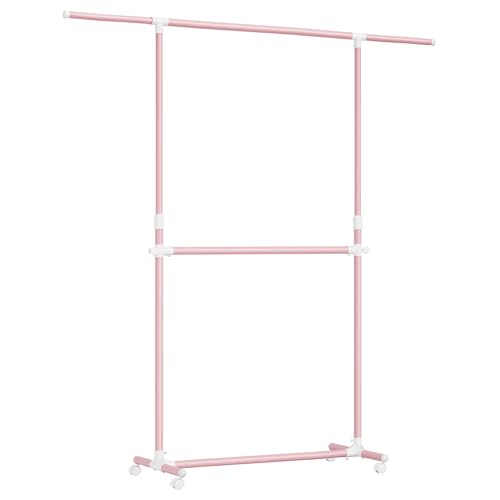 SONGMICS Kleiderständer mit 2 Kleiderstangen, ausziehbare Garderobenstange, mit Rollen, Garderobenständer, höhenverstellbar zwischen 113 und 180 cm, untere Stange verstellbar, pastellrosa LLR401R01 SONGMICS Kleiderständer mit 2 Kleiderstangen, ausziehbare Garderobenstange, mit Rollen, Garderobenständer, höhenverstellbar zwischen 113 und 180 cm, untere Stange verstellbar, pastellrosa LLR401R01 von SONGMICS