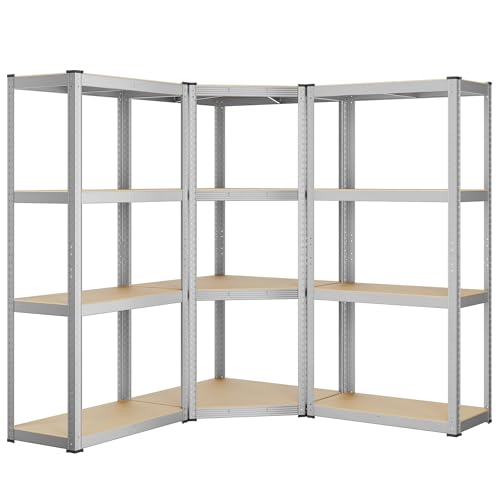 SONGMICS Eckregal-Set 4 Ebenen, Schwerlastregal, Metall, Lagerregal für Garage, Abstellraum, Kellerregal, bis 1500 kg belastbar, silbern-naturbeige GLR056E03 von SONGMICS