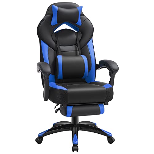 SONGMICS Ergonomischer Gamer-Sessel, Gaming-Stuhl, Bürostuhl, mit Teleskop-Fußstütze, verstellbare Kopfstütze, Lendenwirbelstütze, Tragkraft 150 kg, Blau und Schwarz OBG77BU von SONGMICS