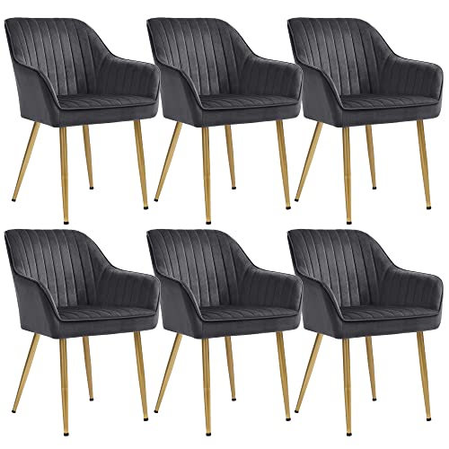 SONGMICS Esszimmerstühle, 6er Set, Sessel, Loungesessel, mit Armlehne, Bezug aus Samt, Sitzbreite 49 cm, bis 110 kg belastbar, Metallbeine, für Esszimmer, Küche, grau-goldfarben LDC077G01-6 von SONGMICS