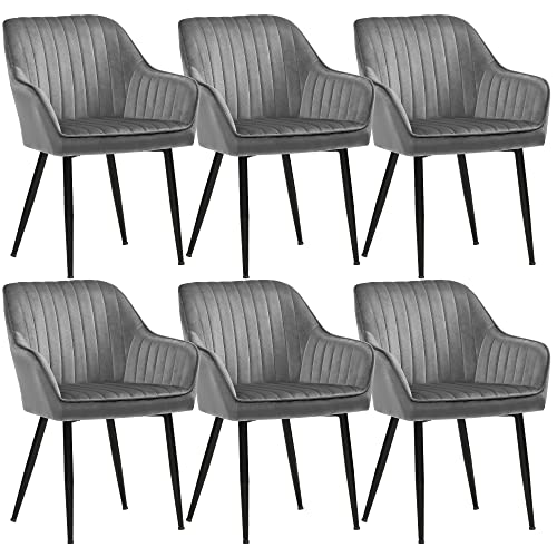 SONGMICS Esszimmerstühle, 6er Set, Sessel, Loungesessel, mit Armlehne, Bezug aus Samt, Sitzbreite 49 cm, bis 110 kg belastbar, Metallbeine, für Esszimmer, Küche, hellgrau-schwarz LDC087G03-6 von SONGMICS