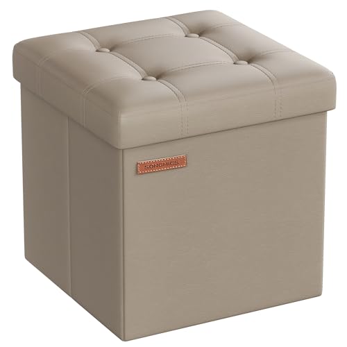 SONGMICS Sitzhocker 38 cm, Aufbewahrungsbox faltbar, Fußhocker mit Deckel, aus Kunstleder, bis 300 kg belastbar, für Eingang, Wohnzimmer, Schlafzimmer, kamelbraun LSF030K13 von SONGMICS