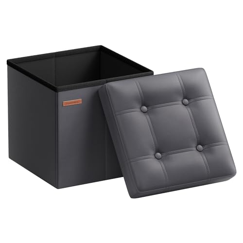 SONGMICS Sitzhocker 38 cm, Aufbewahrungsbox faltbar, Fußhocker mit Deckel, aus Kunstleder, bis 300 kg belastbar, für Eingang, Wohnzimmer, Schlafzimmer, schiefergrau LSF030G11 von SONGMICS