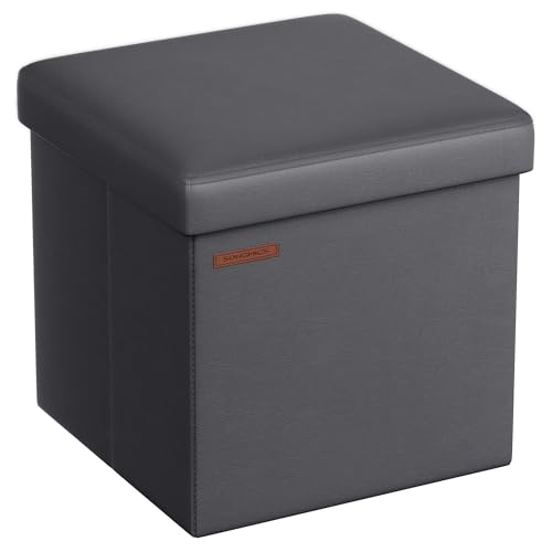 SONGMICS Sitzhocker 38 cm, Aufbewahrungsbox faltbar, Fußhocker mit Deckel, aus Kunstleder, bis 300 kg belastbar, für Eingang, Wohnzimmer, Schlafzimmer, schiefergrau LSF010G01, 383838cm von SONGMICS