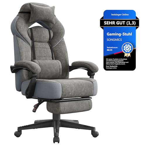 SONGMICS Gaming-Stuhl, Bürostuhl, Computerstuhl, ergonomisches Design, mit Fußstütze, verstellbares Kopfkissen, Lendenkissen, Tragkraft 150 kg, schiefergrau OBG077G01 von SONGMICS