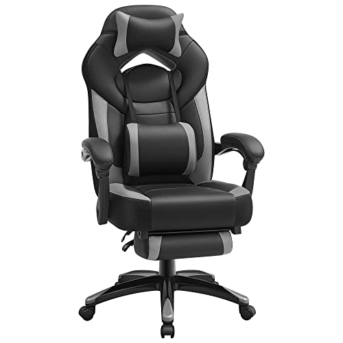 SONGMICS Gaming Stuhl, Bürostuhl mit Fußstütze, Schreibtischstuhl, ergonomisches Design, verstellbare Kopfstütze, Lendenstütze, bis zu 150 kg belastbar, schwarz-grau OBG77BG von SONGMICS