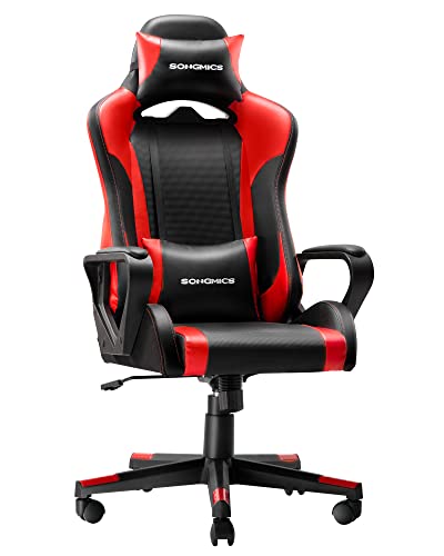 SONGMICS Gamer-Sessel, Bürostuhl, ergonomischer Sitz, mit Verstellbarer Lendenwirbelstütze, abnehmbare Kopfstütze, höhenverstellbar, neigbare Rückenlehne, Belastung 150 kg, Schwarz und Rot RCG011B01 von SONGMICS