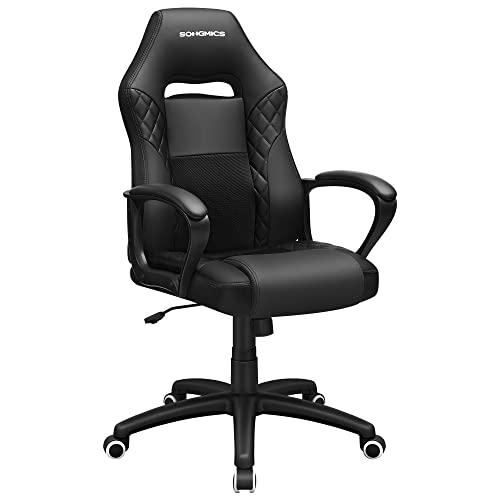 SONGMICS Gamingstuhl, Bürostuhl mit Wippfunktion, Racing Chair, ergonomisch, S-förmige Rückenlehne, gut für die Lendenwirbelsäule, bis 150 kg belastbar, Kunstleder, schwarz OBG38BK von SONGMICS