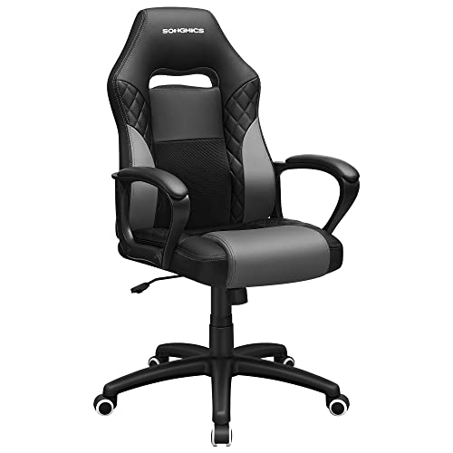 SONGMICS Gamingstuhl, Bürostuhl mit Wippfunktion, Racing Chair, ergonomisch, S-förmige Rückenlehne, gut für die Lendenwirbelsäule, bis 150 kg belastbar, Kunstleder, schwarz-grau OBG38BG von SONGMICS