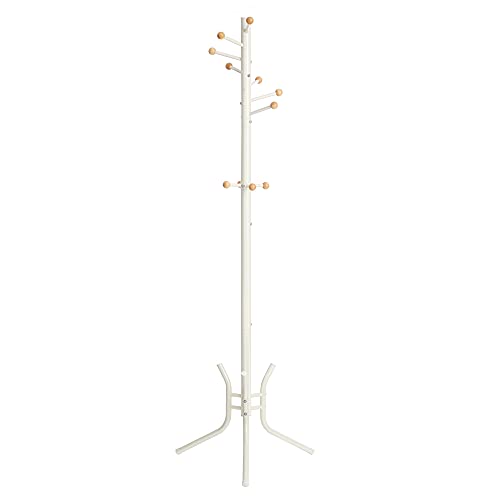 SONGMICS Garderobenständer, Kleiderständer, 11 Kugelhaken, aus Stahl, für Mäntel, Hüte, Taschen, 53,5 x 53,5 x 173 cm, weiß RCR028W01 von SONGMICS